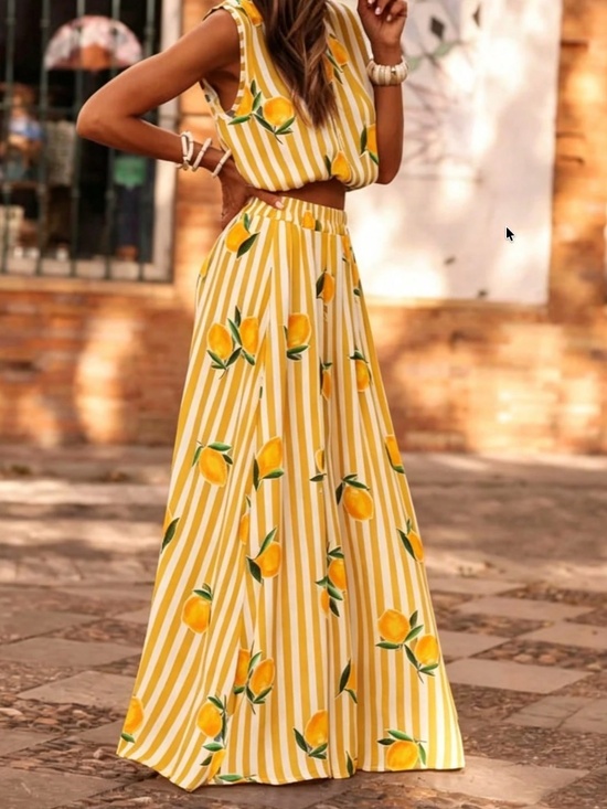 Dresses & Skirts - Classic Lemon Print Stretchy Waist Maxi Skirt Cropped Top Sleeveless Top set
